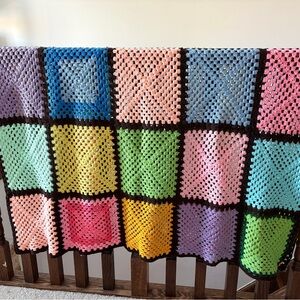 Crocheted Patchwork Colourful Throw Blanket Grandma Cottage Cabin Spring